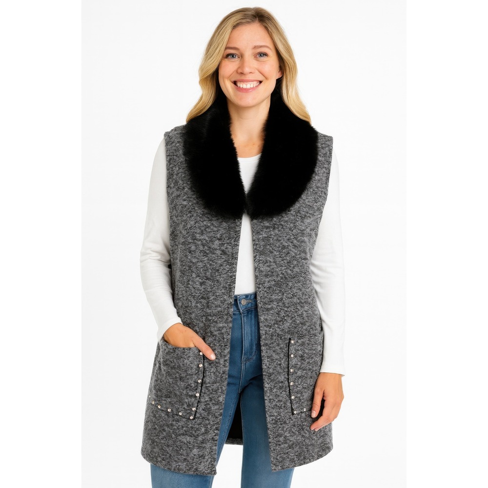 Womens Long Grey Knit Vest Faux Fur Collar Studded Pockets Open Front Sleeveless